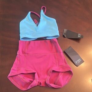 Five Dancewear blue and maroon matching set